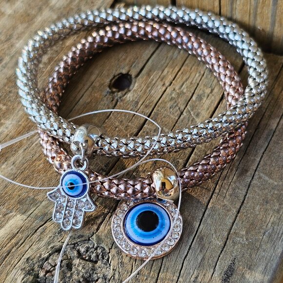 Lot Bundle 2 Silver Stretch Evil Eye Chamsa Blue Gold Rose Fun Jewelry - Picture 1 of 8